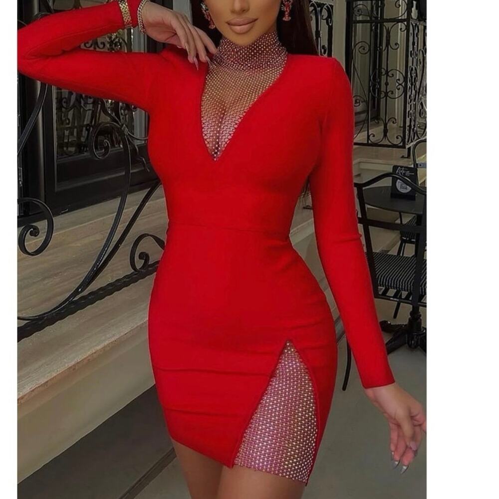 NWT Fashion Nova Red Bandage Bodycon Mini Dress Rhinestone Mesh Long Sleeve Sz M